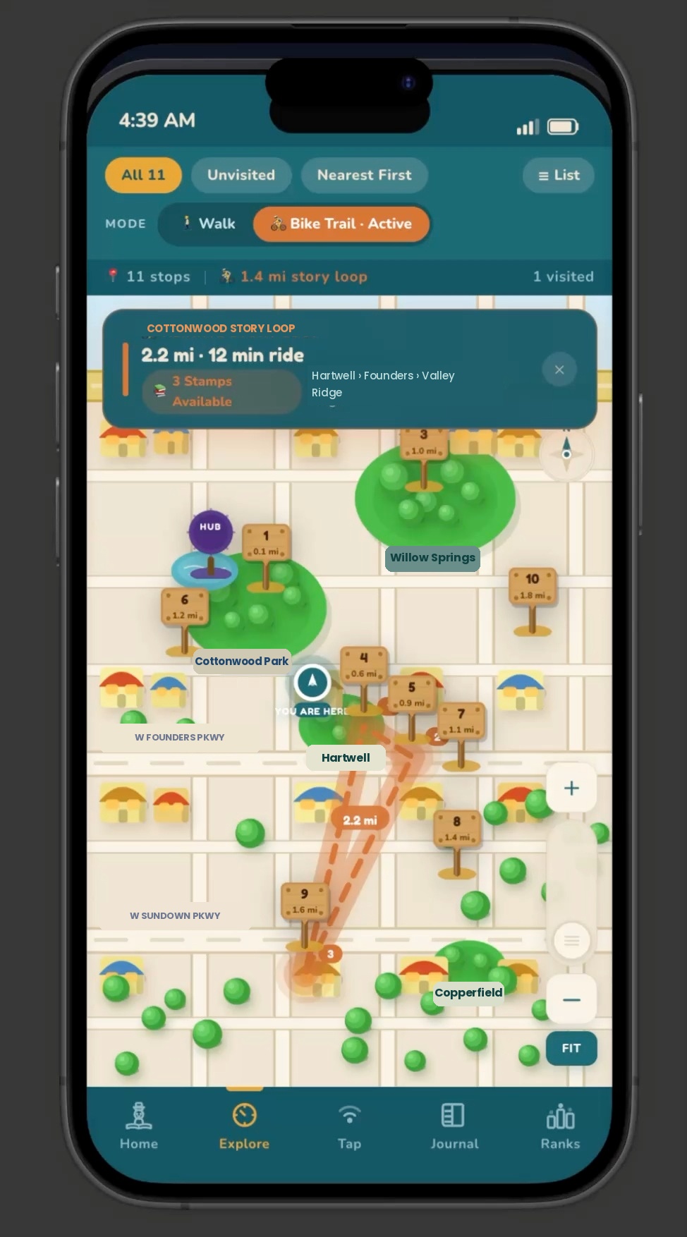 Explore — the 11-stop Story Loop, route active.