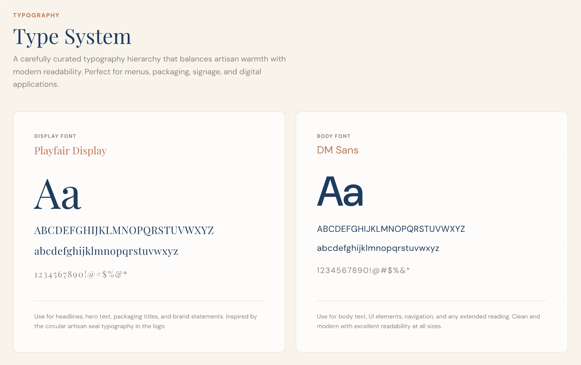 Type system — Playfair Display and DM Sans.